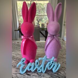 Two Flocked Bunnies (Pink and Purple) with Blue Easter Sign